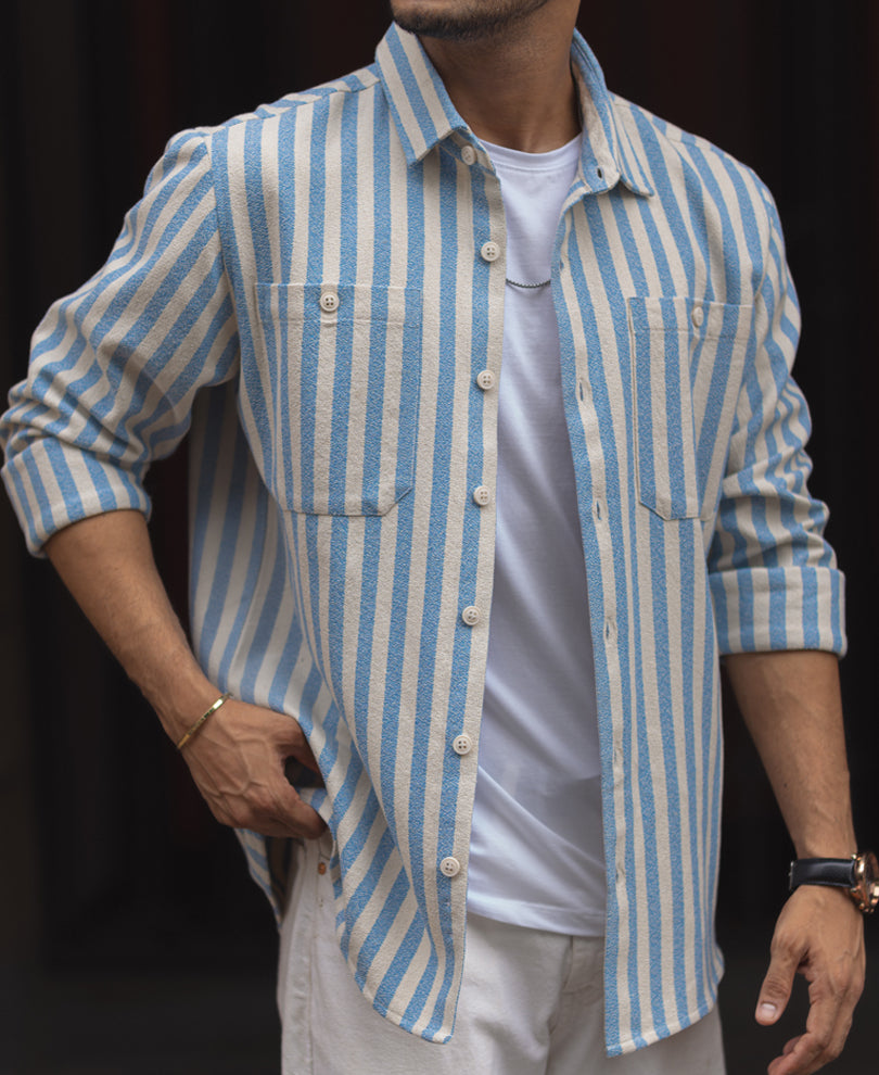 Blue And White Stripes Regular Fit Full Sleeves Shirt.