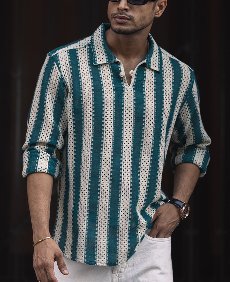 Sea Green and Off White Crochet Striped Regular Fit Full Sleeve Shirt.