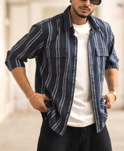 Navy Blue Striped Regular Fit Full Sleeves Shirt.