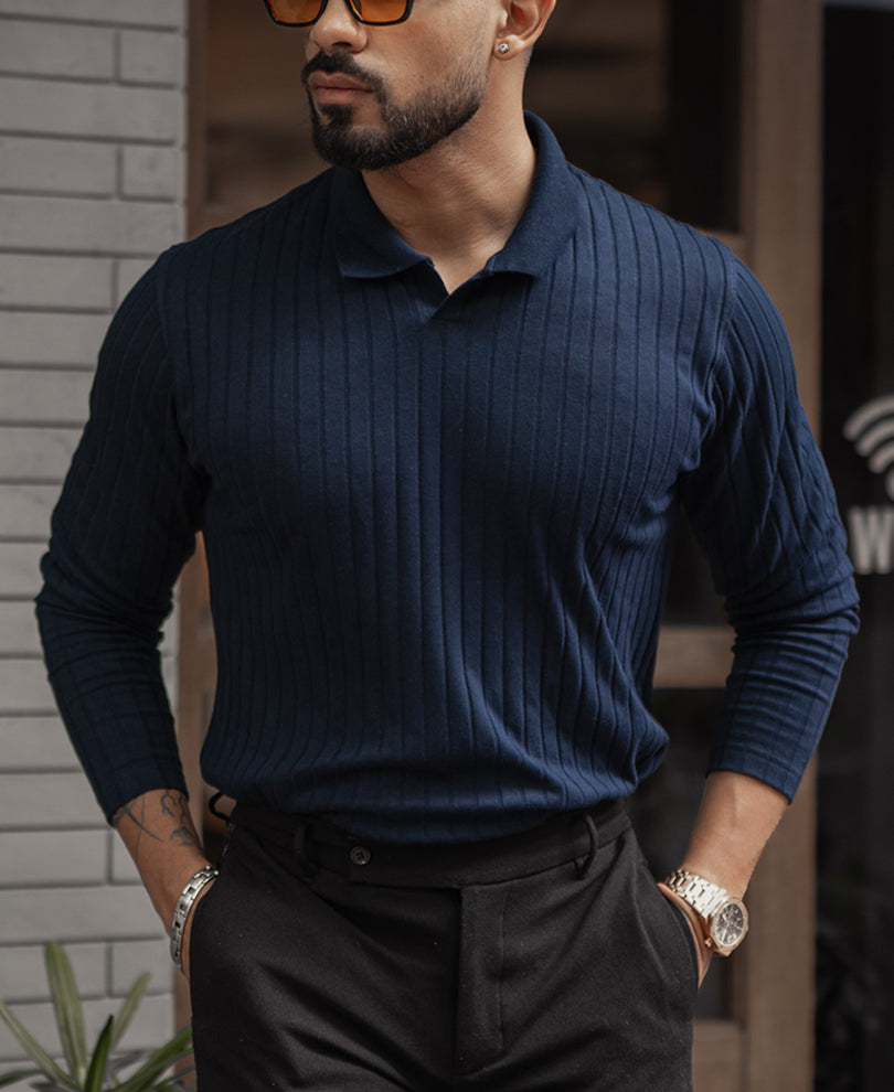 Navy Blue Regular Fit Full Sleeves T-Shirt.