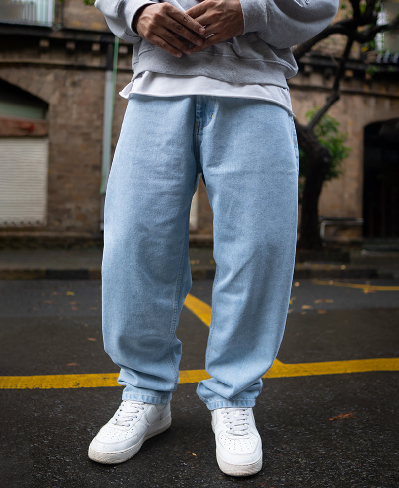 Ice Blue Basic Baggy Fit Denim Jeans.