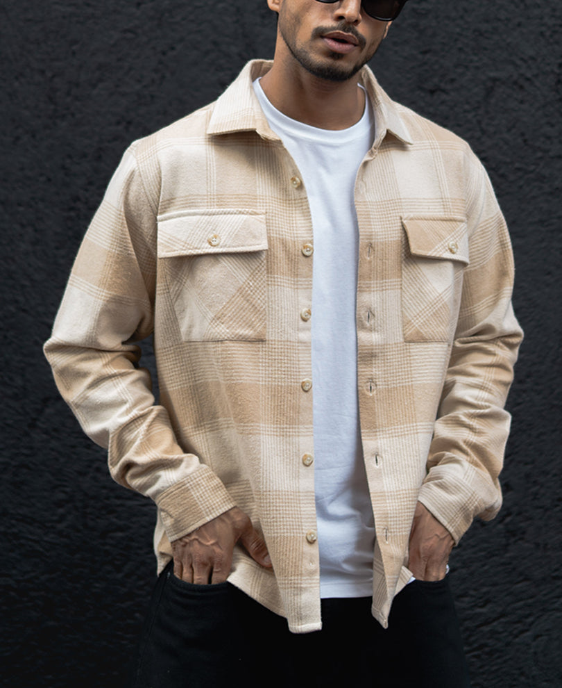 Light Beige Structured Regular Fit Full Sleeves Shirt.