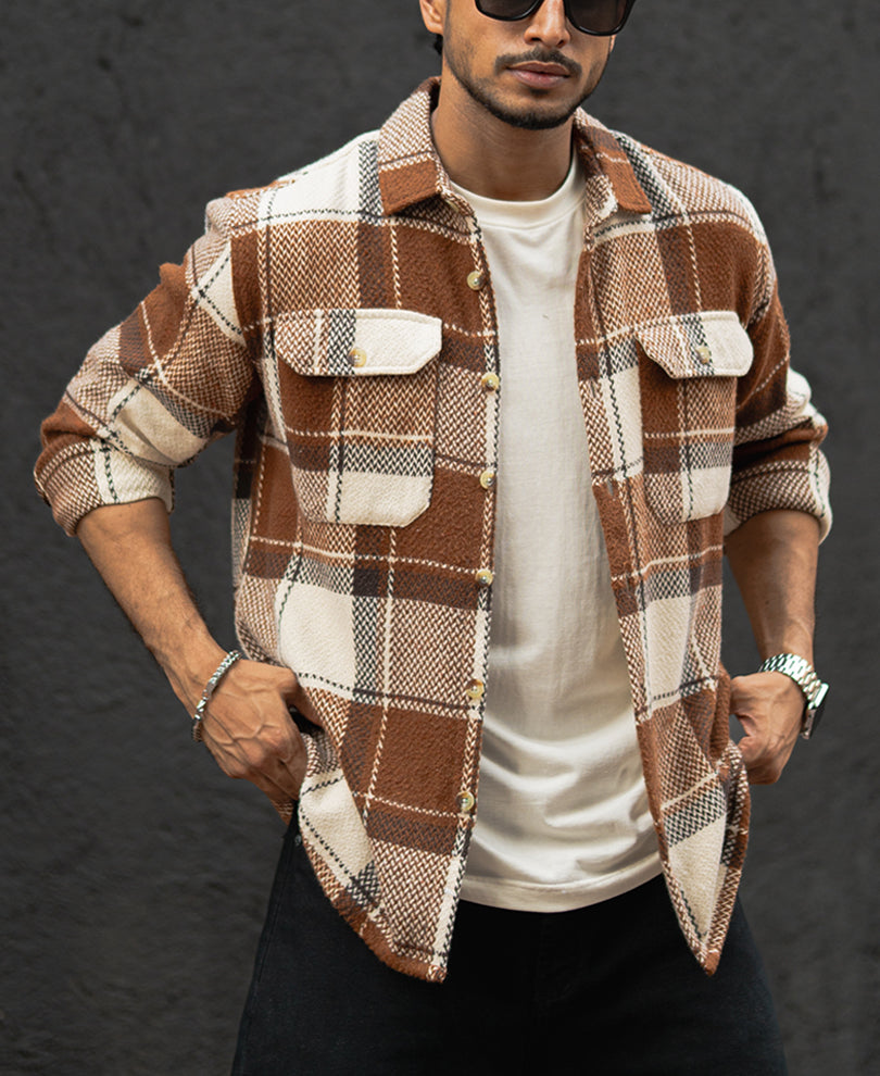 Brown And Off-White Checked Regular Fit Full Sleeves Shirt.