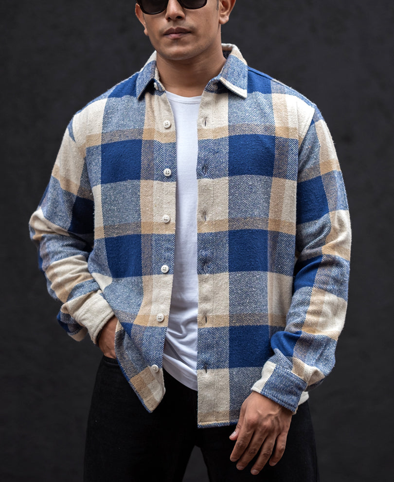 Blue And Off White Checked Regular Fit Full Sleeves Shirt.