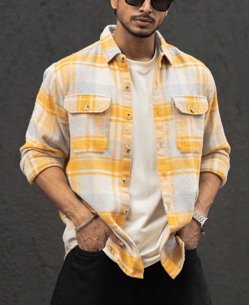 Mustard And Off-White Checks Regular Fit Full Sleeves Shirt.