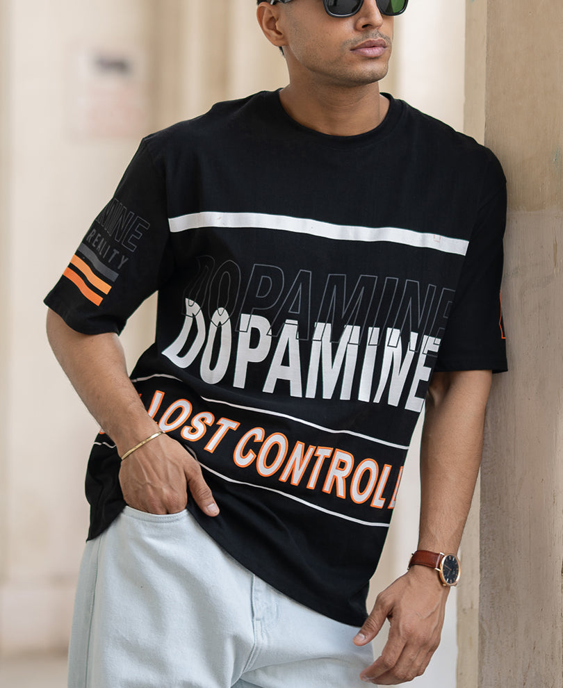 Black Oversized Half Sleeves Printed T-Shirt.