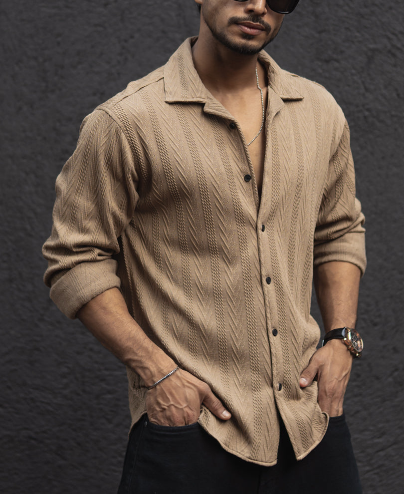 Beige Structured Regular Fit Shirt.