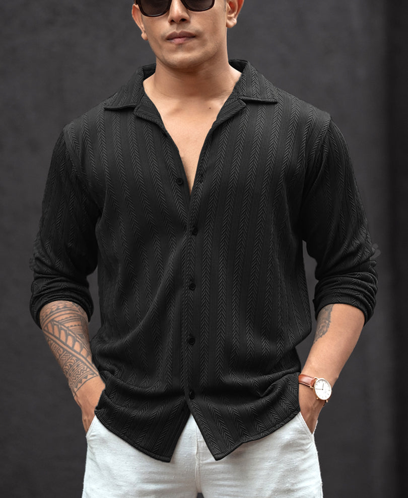 Black Structured Regular Fit Full Sleeves Shirt.