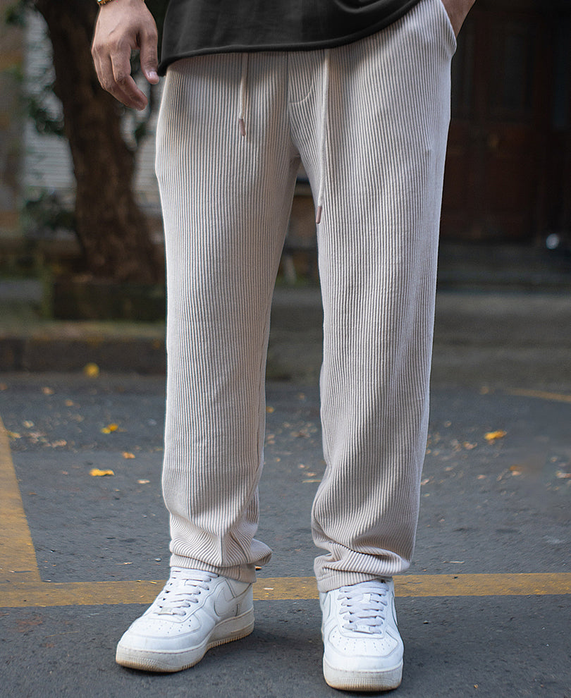 Light Beige Corduroy Regular Fit Track Pant.