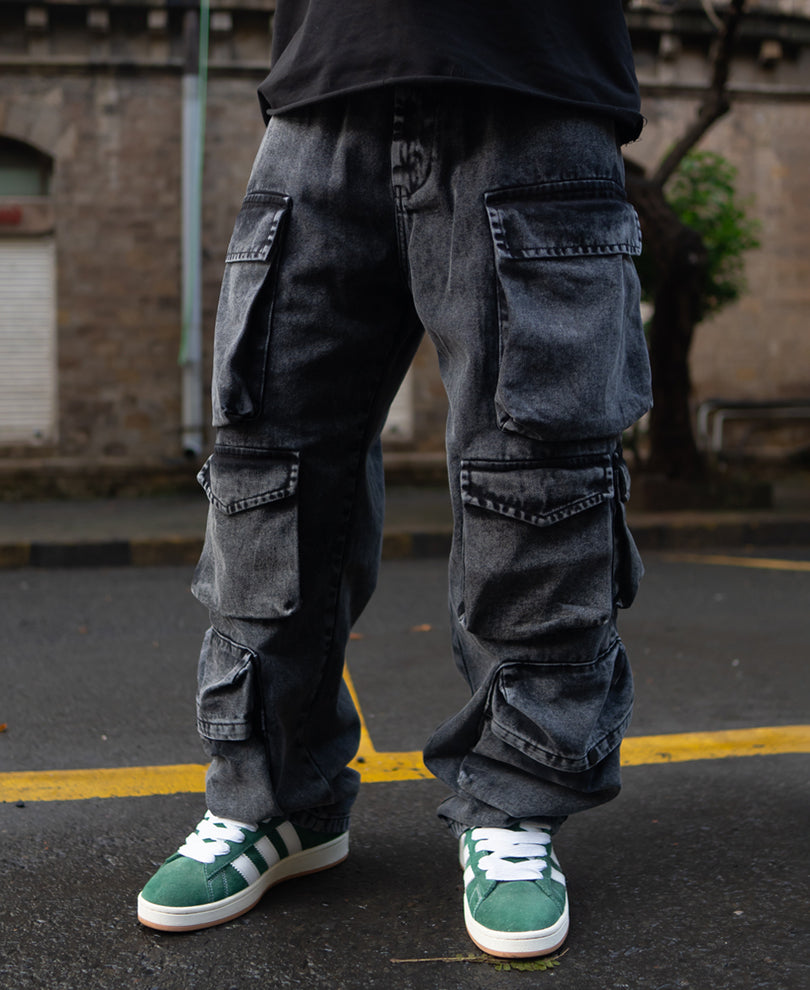 Carbon Black Baggy Fit Cargo Pockets Denim Jeans.