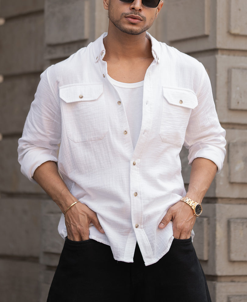 White Cotton Regular Fit Full Sleeves Shirt.