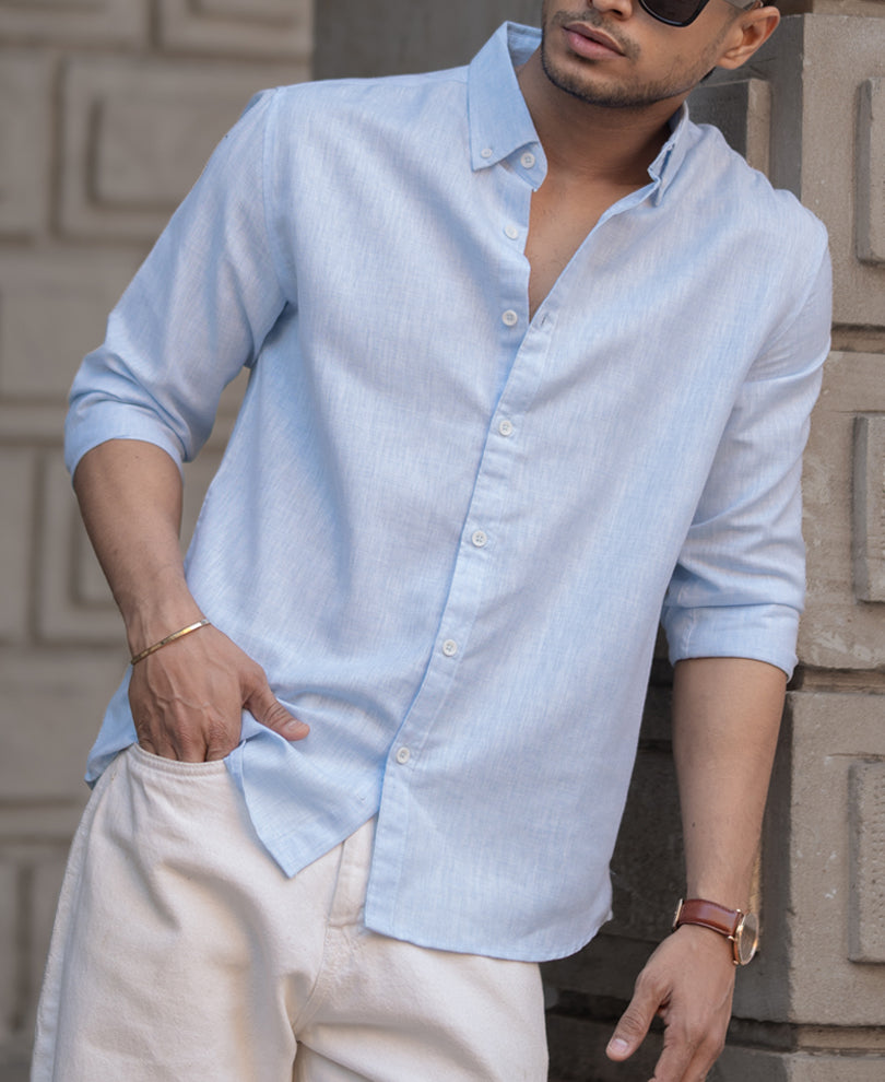Sky Blue Plain Regular Fit Full Sleeves Shirt.