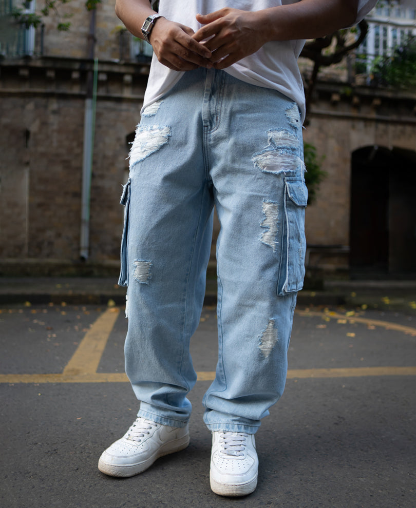 Ice Blue Baggy Fit Distressed Cargo Jeans.