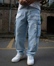 Ice Blue Baggy Fit Distressed Cargo Jeans