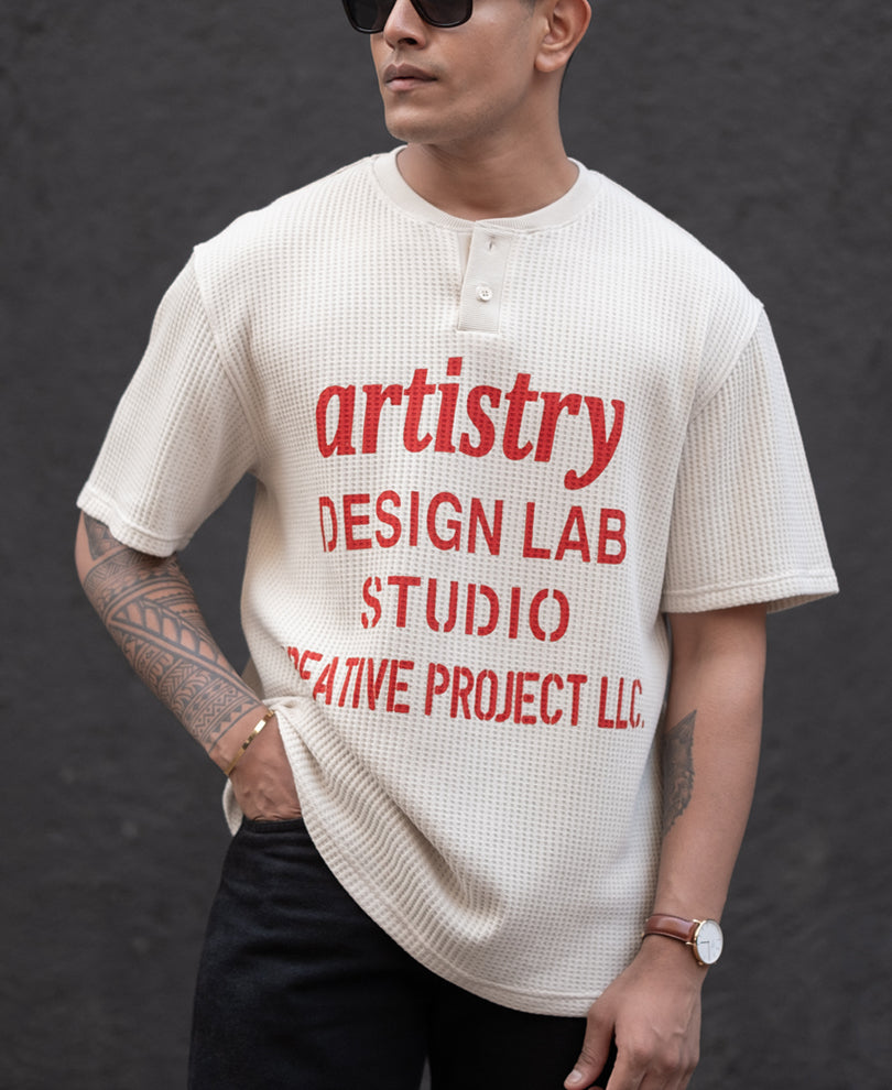 Cream Structured Printed Regular Fit Half Sleeves T-Shirt.