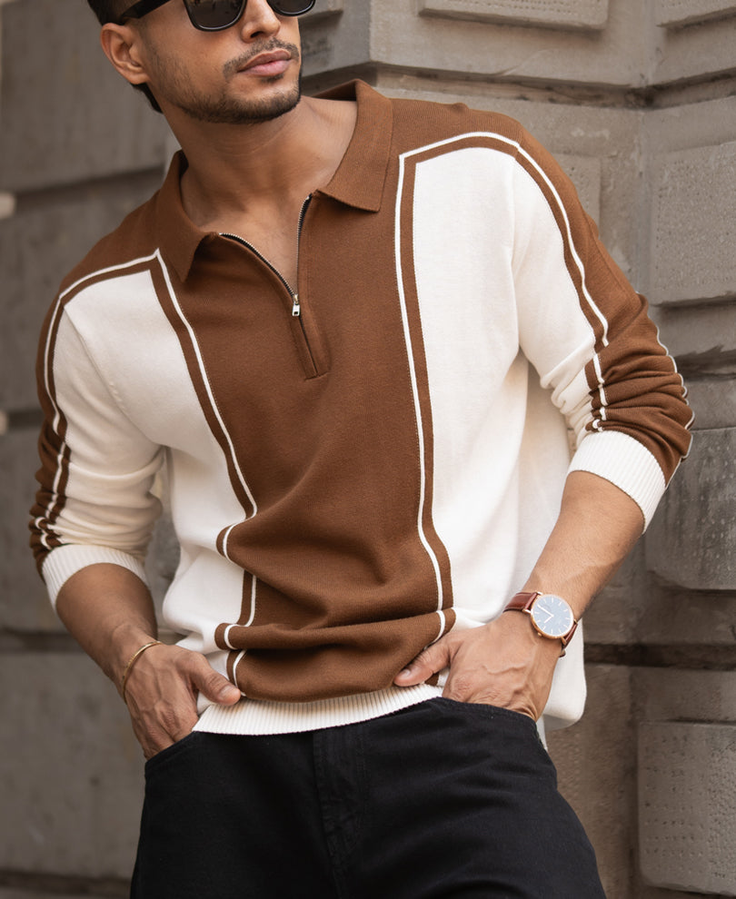 Brown-White Colour Blocked Polo T-Shirt.