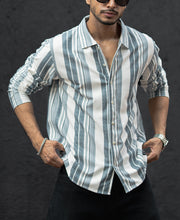 Off White And Blue Striped Regular Fit Full Sleeves Shirt.