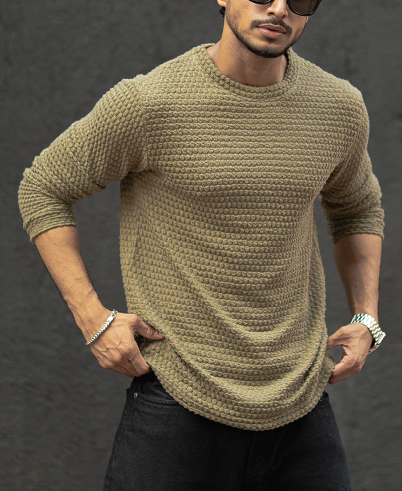 Olive Structured Regular Fit Full Sleeves T-Shirt.