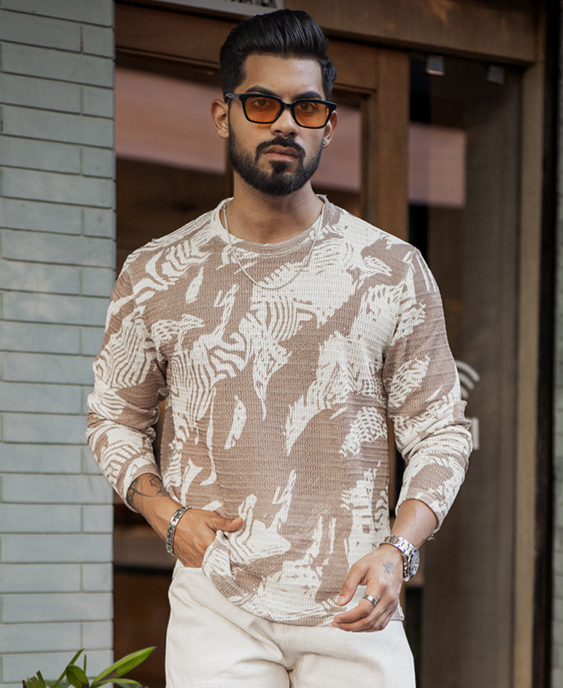 Off-White And Brown Regular Fit Printed Full Sleeves T-Shirt.