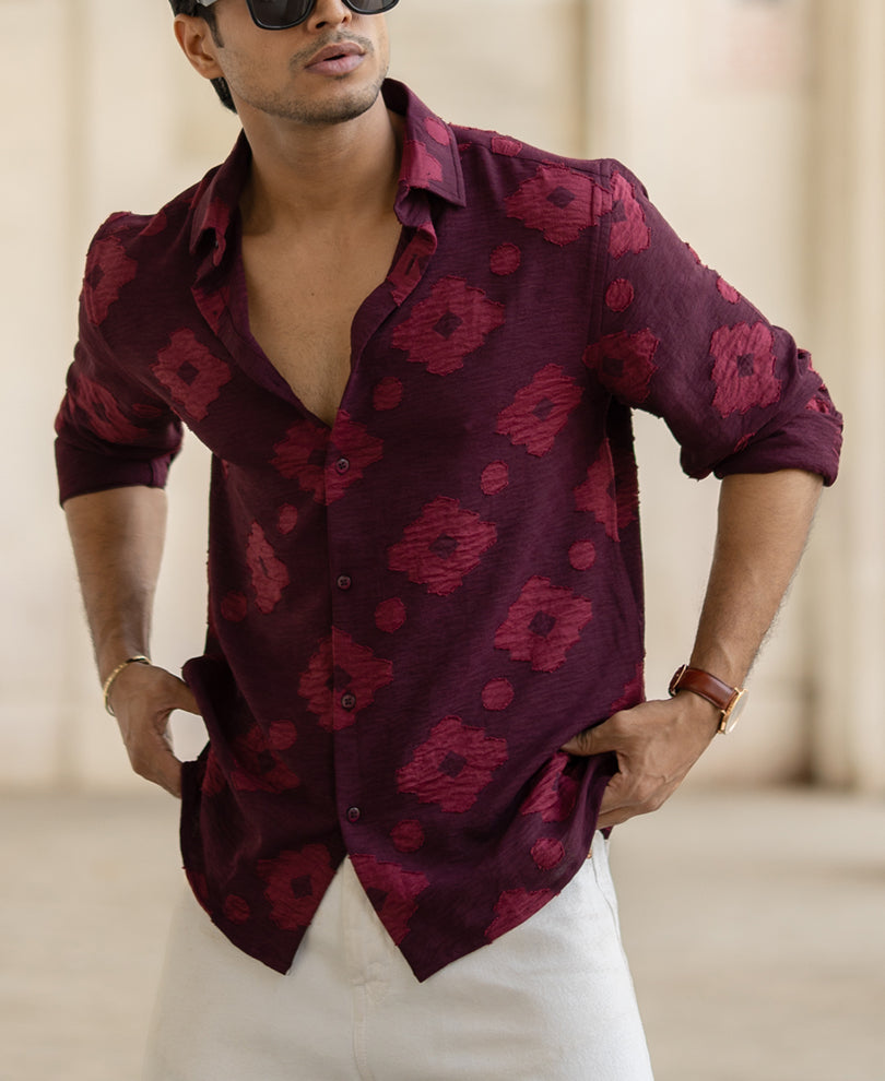 Wine Geometric Jacquard Shirt.