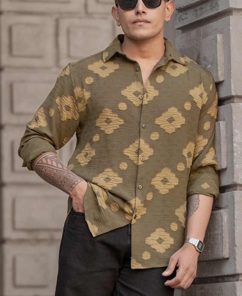Olive Geometric Jacquard Shirt.