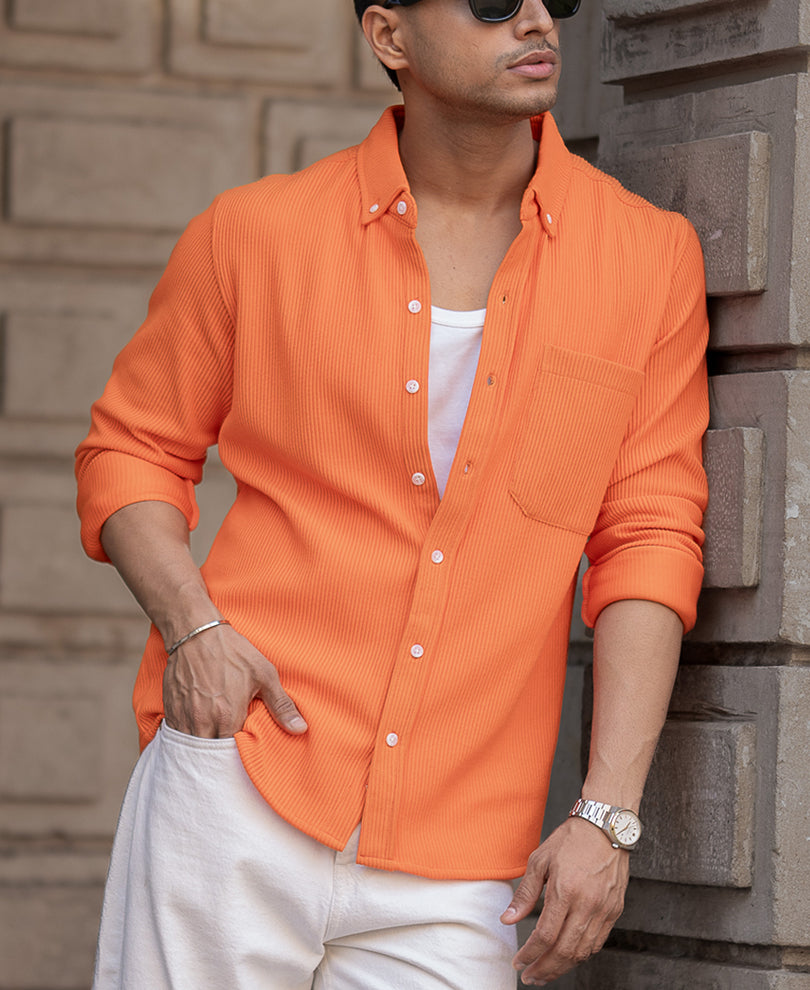 Orange Corduroy Regular Fit Full Sleeves Shirt.