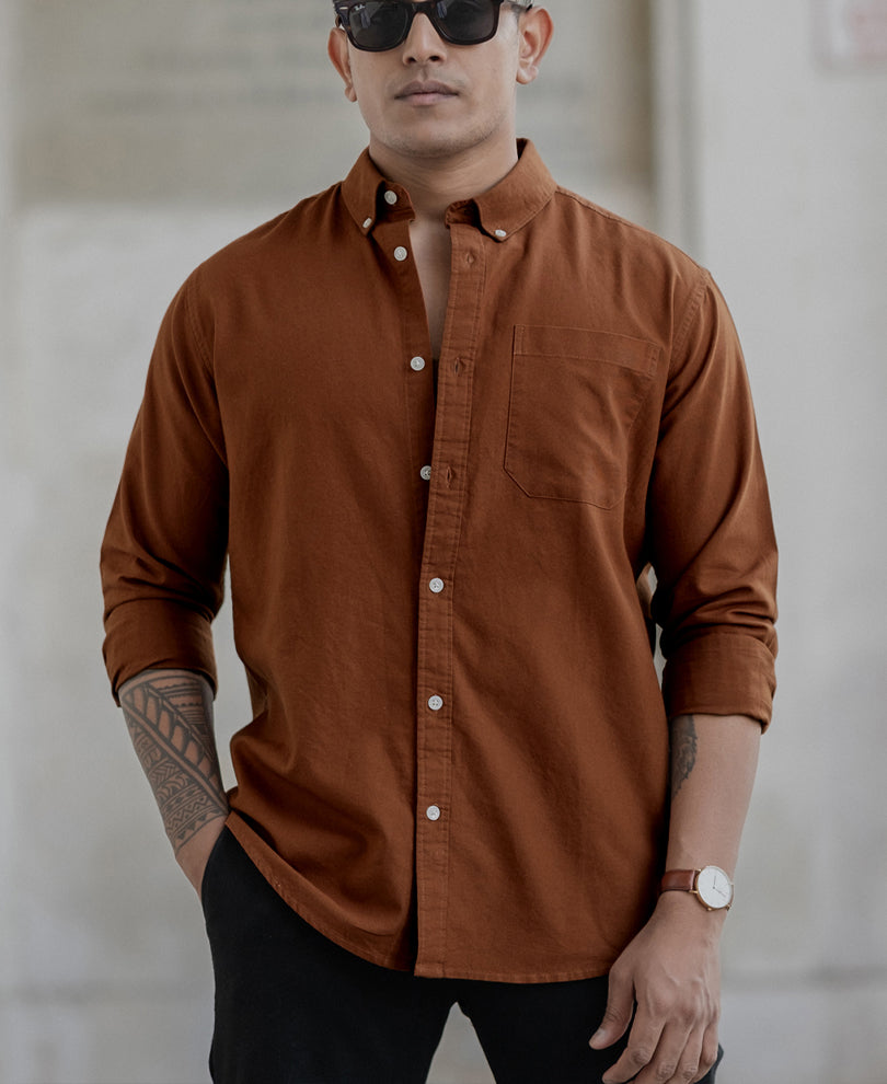 Tan Oxford Shirt.