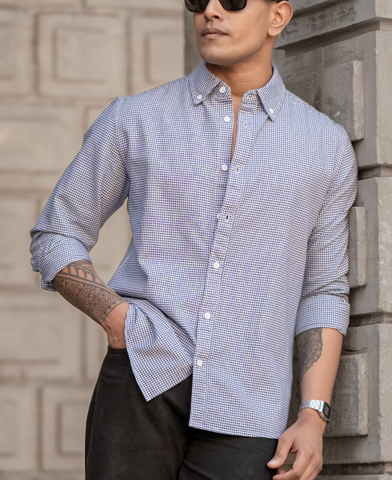 Navy Micro Check Lightweight Shirt.