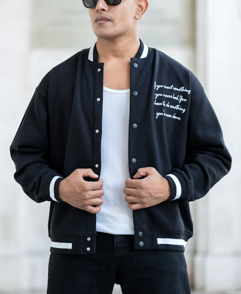 Black Embroidered Varsity Jacket.