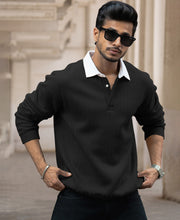 Black Regular Fit Full Sleeves Collar T-Shirt.