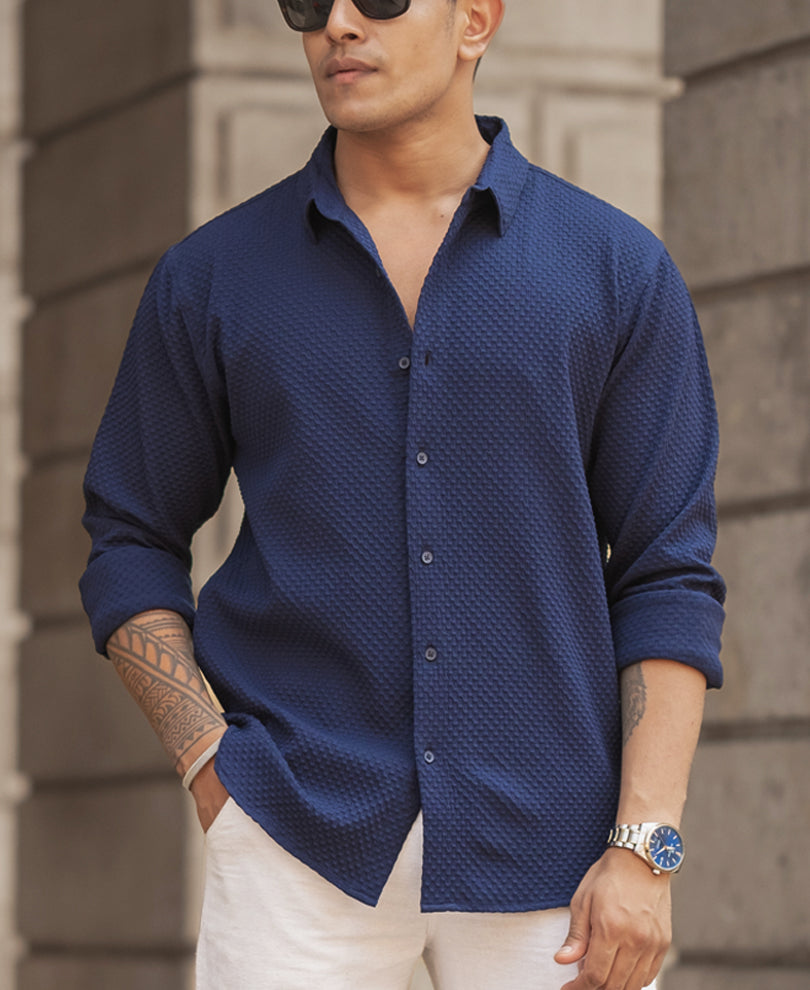 Navy Blue Structured Regular Fit Shirt.