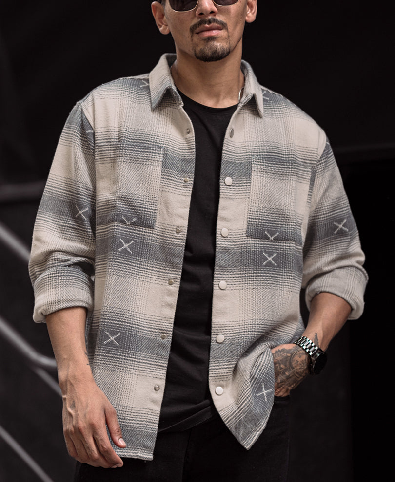 Grey and Off White Flannel Regular Fit Full Sleeves Shirt.