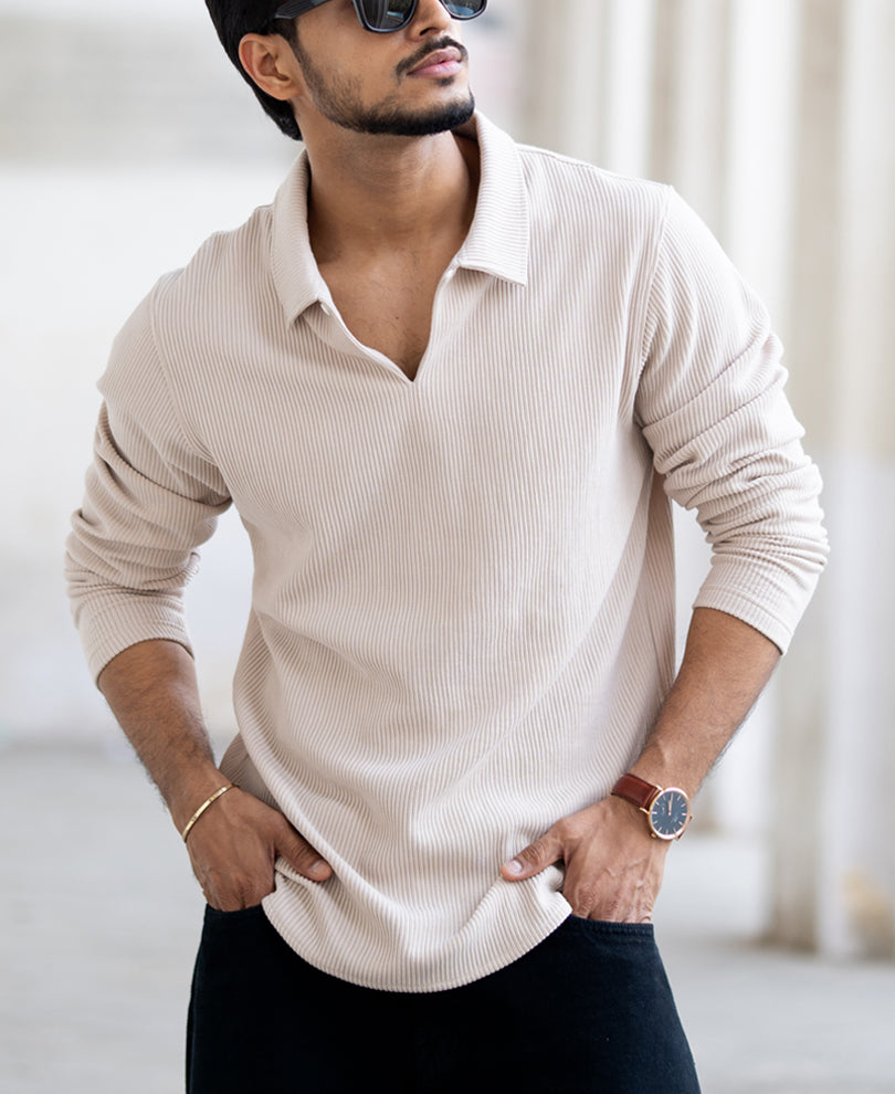Beige Corduroy Regular Fit Full Sleeves T-Shirt.