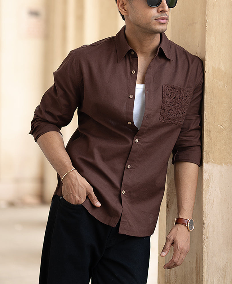 Brown Full Sleeves Regular Fit Linen Shirt.