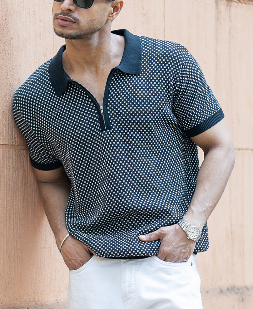 Black Jacquard Knit Polo T-Shirt.