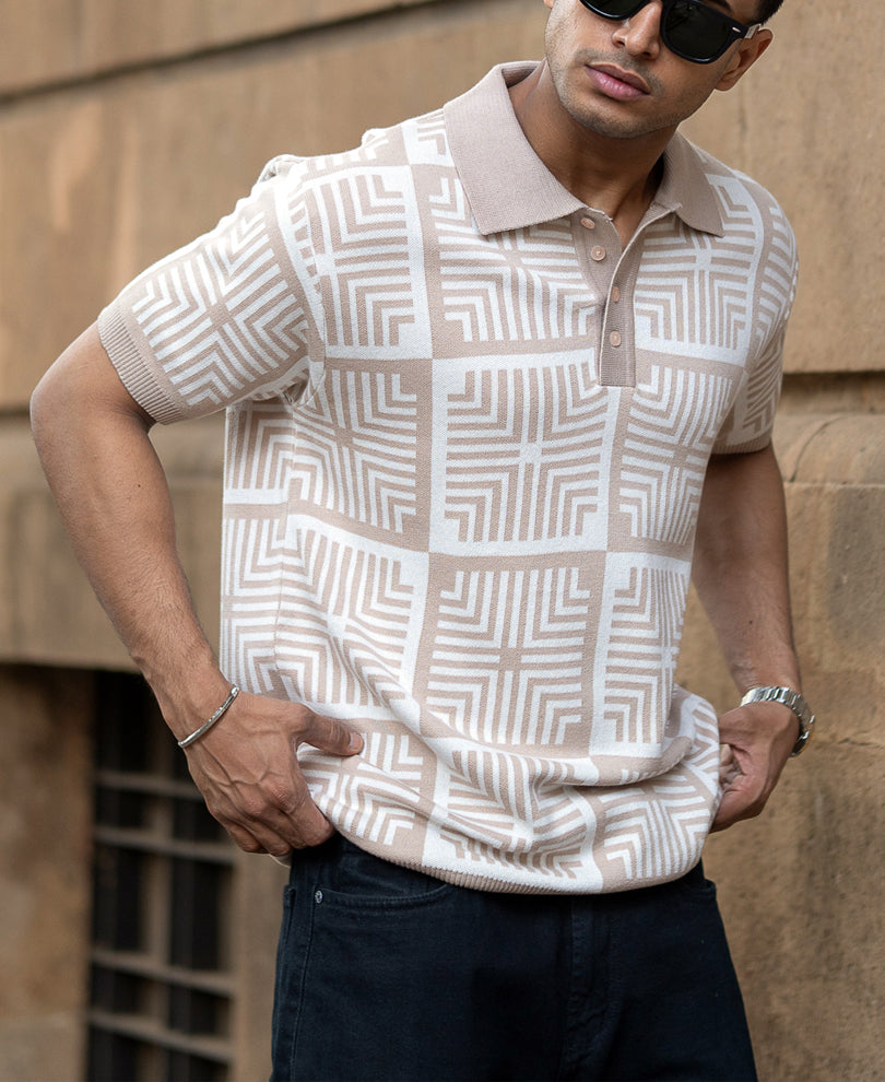 Beige Geometric Jacquard T-Shirt.