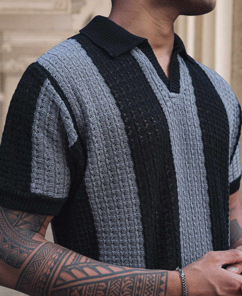 Black and Grey Crochet Striped Reglular Half Sleeves T Shirt.