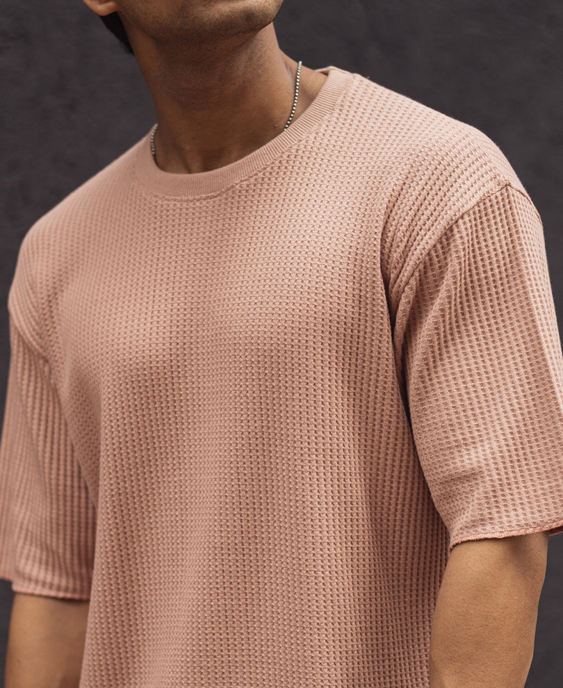 Peach Structured Oversized Half Sleeves T Shirt.