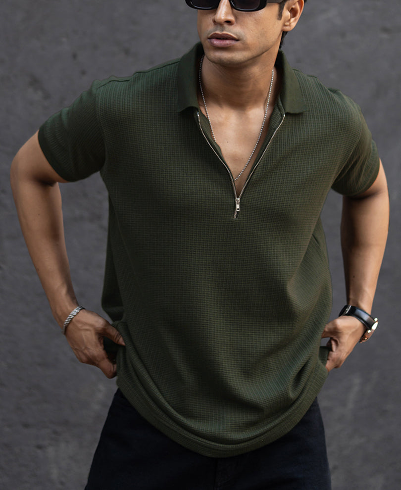 Dark Green Structured Half Sleeves Zipper T Shirt.