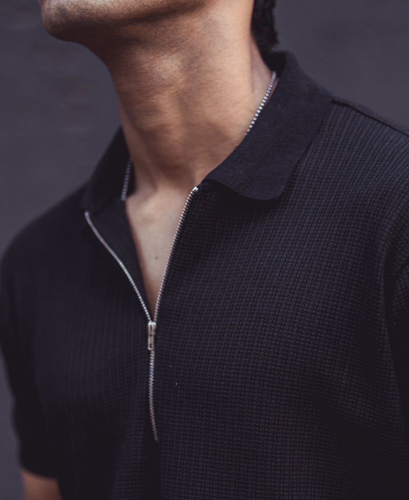 Black Structured Half Sleeves Zipper T Shirt.