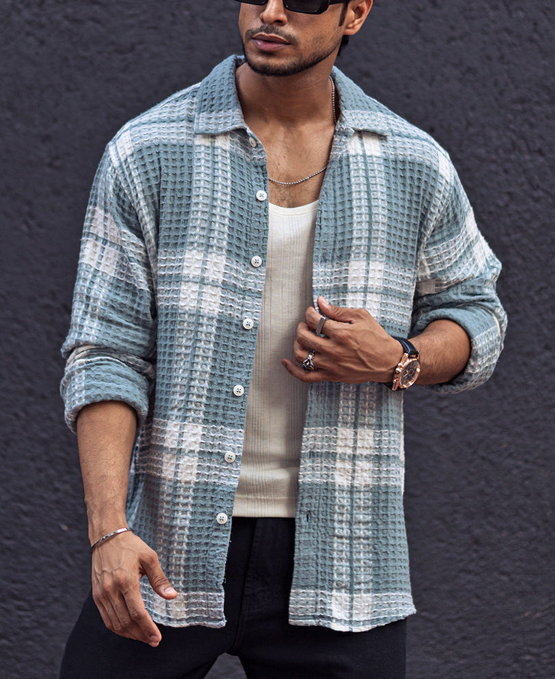 Sky Grey Waffle Checked Regular fit Full Sleeves Shirt.
