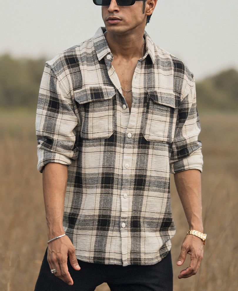 Cream Checked Structured Oversize Drop Shoulder Shirt.