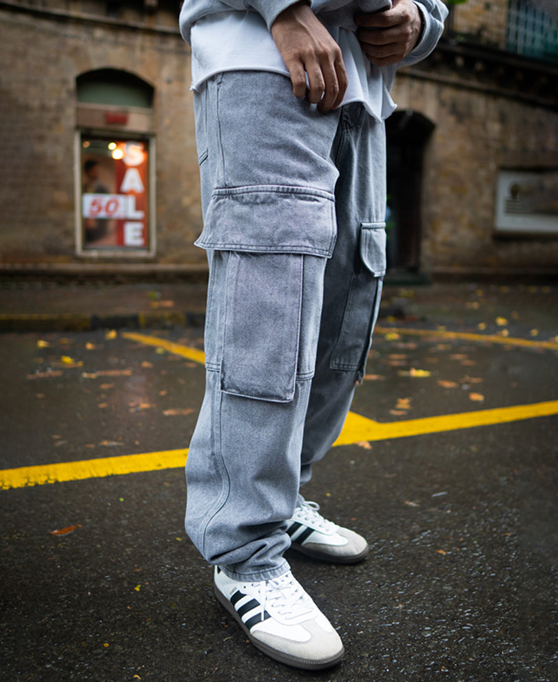 Charcoal Grey Baggy Fit Denim Jeans with Cargo Pockets.