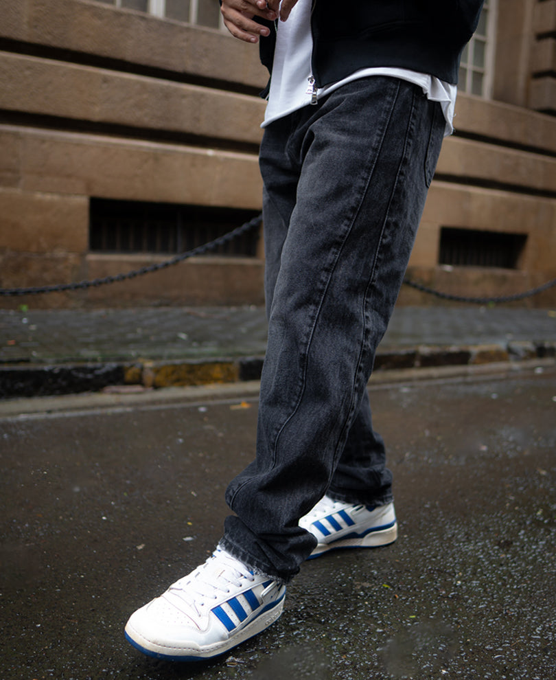 Black Carbon Wash Baggy Fit Denim Jeans.