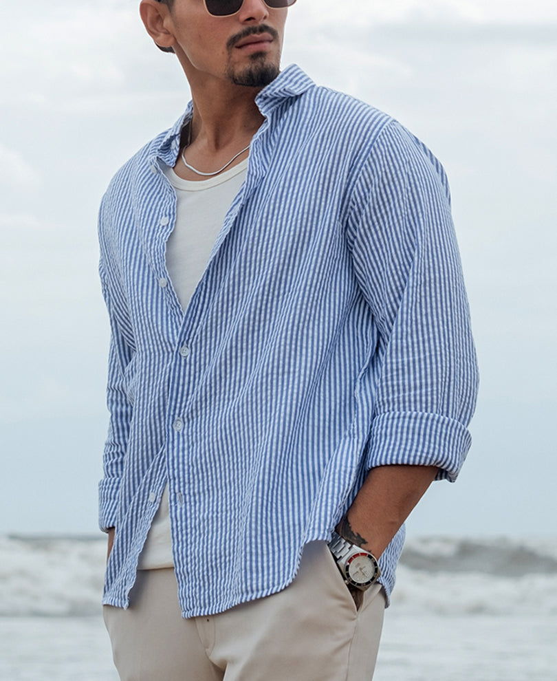 Blue and White Regular fit Striped Full Sleeves Shirt.