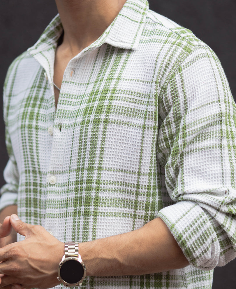 Light Green Waffle Checks Regular Fit Full Sleeves Shirt.