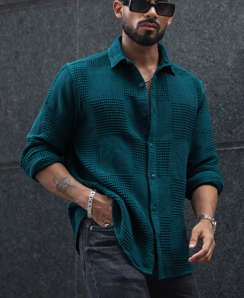 Teal Blue Waffle Structure Regular Fit Full Sleeves Shirt.