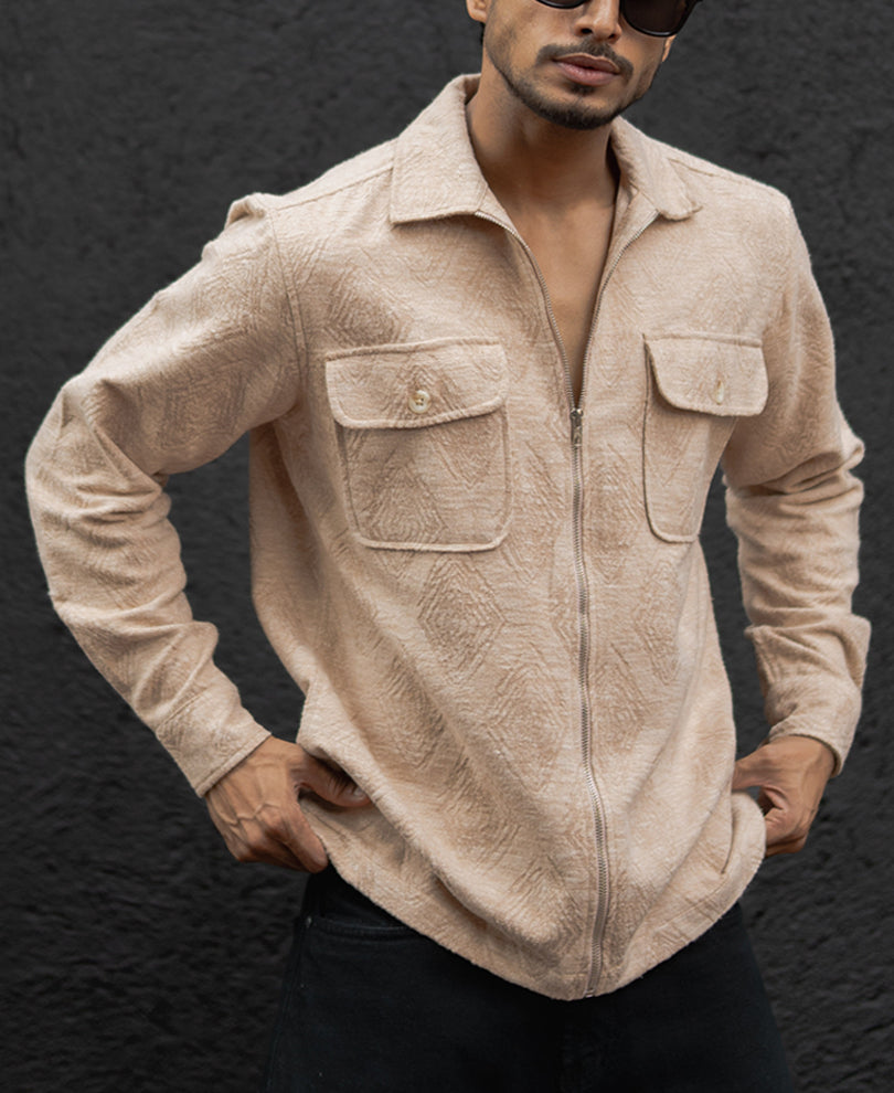 Dark Fawn Regular Fit Full Sleeves Shirt With Zip.