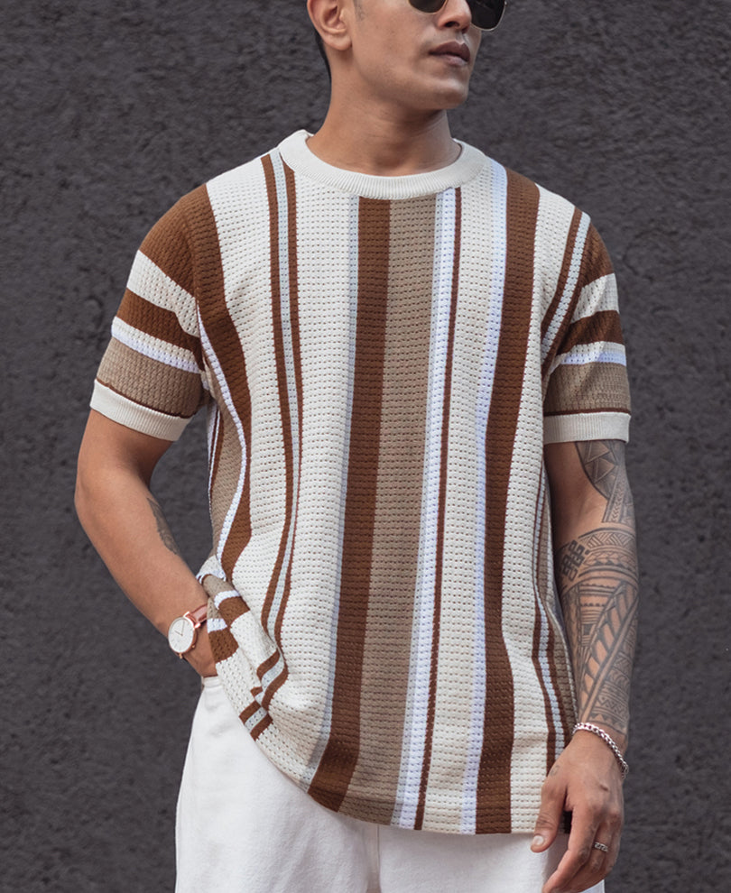 Multicolor Regular Fit Striped Half Sleeves T Shirt.