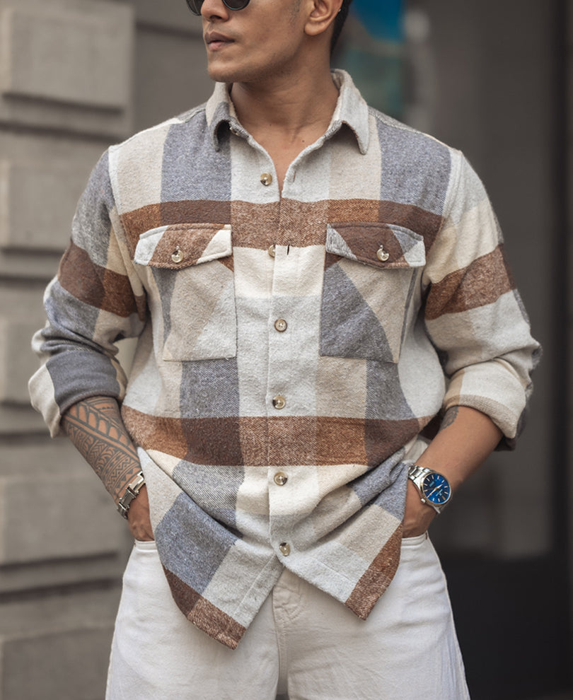 Beige Regular Fit Full Sleeve Shirt With Double Flap Pocket.